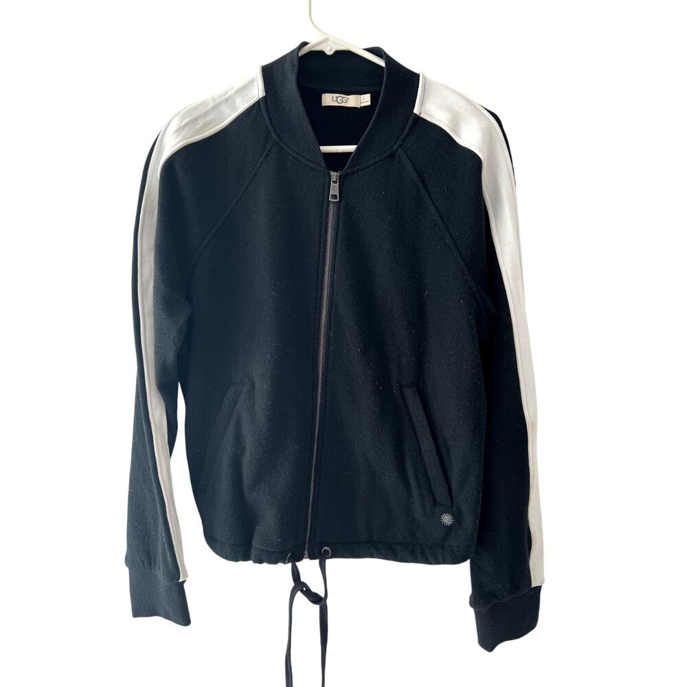 UGG Womens Lizy Track Jacket Merino Wool Black White Stripe Size Large  Zip Up